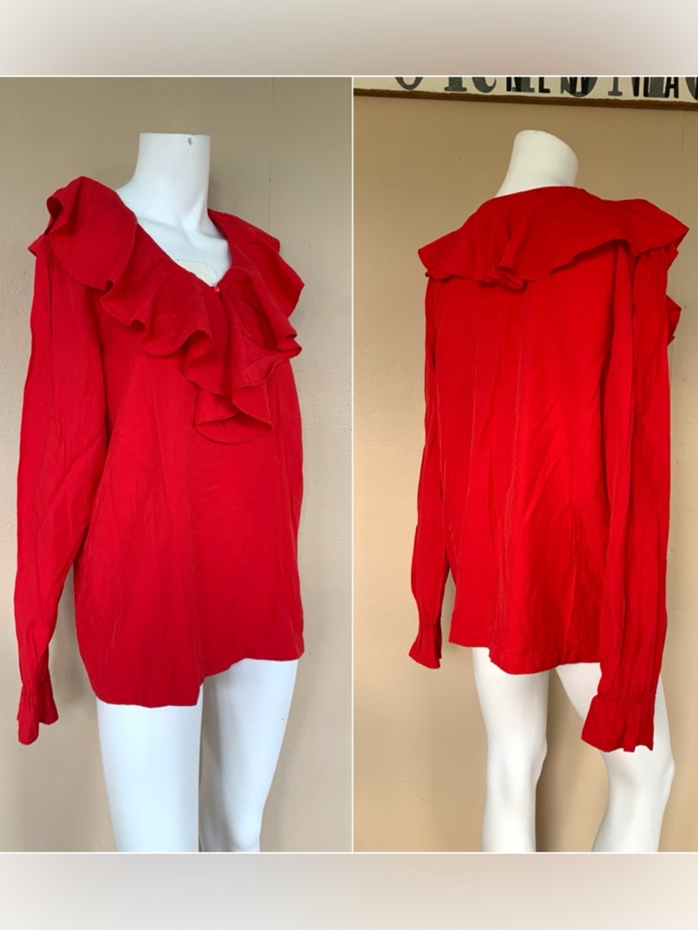Vintage 80s Long Sleeve Ruffle Neckline Blouse